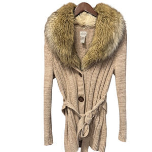 Chico's Beige Knit Cardigan with Faux Fur Collar